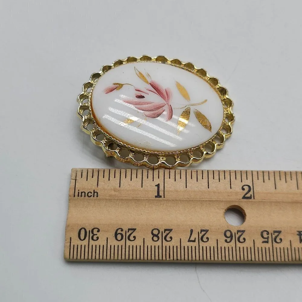 Vintage Gold Toned Oval Brooch Hand Painted Pink Floral Design on Milk Glass